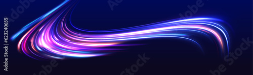 Vector speed of light in space on dark background. Abstract background in blue, yellow and orange neon colors. Magic of moving fast lines. Laser beams, horizontal light rays. Particle motion effect. 