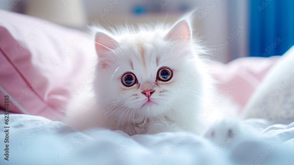 White persian cat on the bed. Fluffy pet with blue eyes. selective focus.