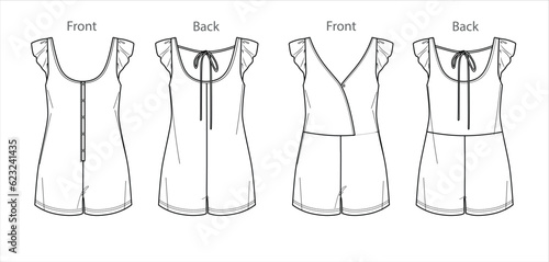 Vector jumpsuit with buttons fashion CAD, summer woman short romper with shoulder straps technical drawing, template, flat, sketch. Jersey or woven fabric 2 pieces overall, white color