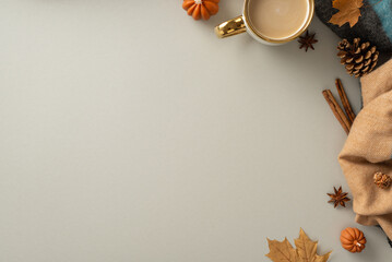 Above view pic presenting warming up at home with a cozy patchy plaid and cacao with odorous cinnamon and chinese anise and autumnal attributes on isolated light grey background with copy-space