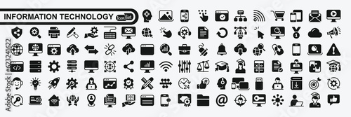 Information technology  icon set with IT network system, global internet, data center, communication, web site, social media,  business, e-commerce, support, computer and mobile device sign