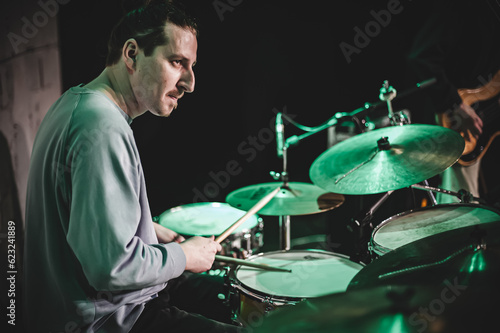 Canvas Print Drum music band drummer artist have solo live performance on a stage