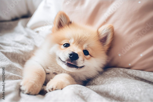 Cute Pomeranian dog is lying on the bed at home. selective focus.