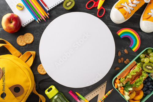 Nutritious school lunch idea. Top view of eco-friendly lunchbox filled with fresh  wholesome food  sport shoes  bag  vibrant stationery on chalkboard backdrop with circle for text or advertisement