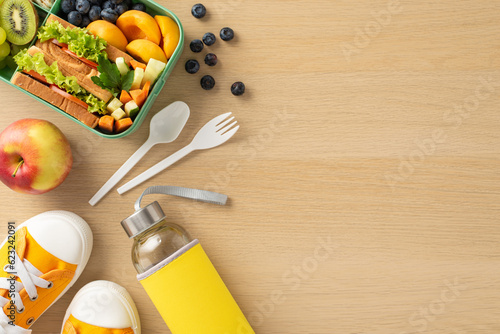 School meal concept promoting health and well-being. Top-view shot of lunchbox filled with vibrant fruits, veggies, sandwich, berries, bottle, cutlery, shoes, on wooden desk with space for text or ad
