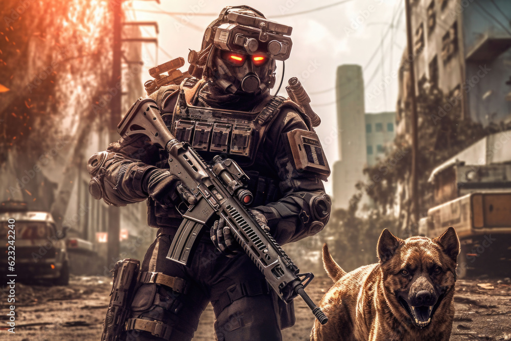 Warrior in body armor and with a machine gun. Man in an modern armor