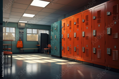 School hallway with modern lockers. Concept of studying and getting knowledge. Generative AI