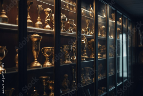 Trophy display case shelf made of glass and wood full of gold and silver trophies. Generative AI
