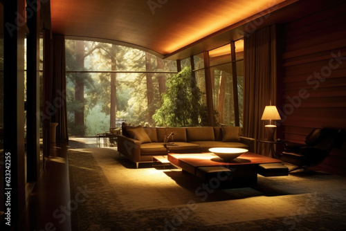 Cozy living room with wooden walls, floor and ceiling. Generative AI