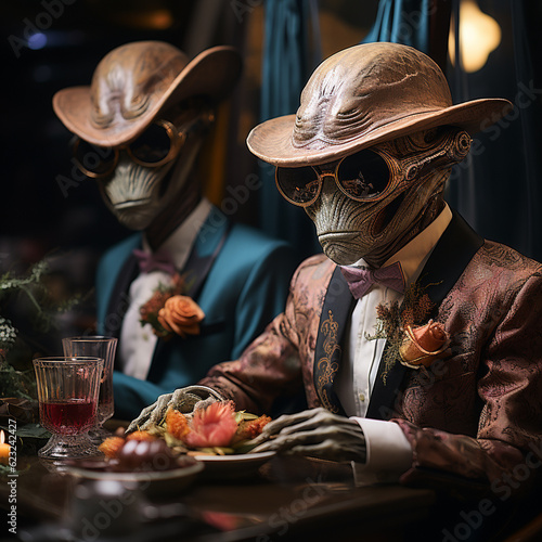 well-dressed aliens have drinks sitting at the bar Generative AI