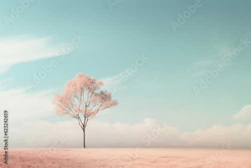 Surreal scene of a calming natural landscape with a single tree in beautiful pastel colors. Generative AI.