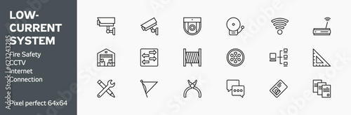 Low-current systems: fire alarm system, fire safety, security fire alarm. Vector line icons pack. Size 64x64 px