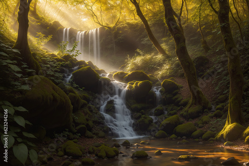 Path to Serenity: Enchanting Forest Drenched in Golden Sunlight, Guiding You to a Hidden Waterfall, Expertly Captured in Magical Nature Photography, Unveiling the Beauty of Exploration and Discovering