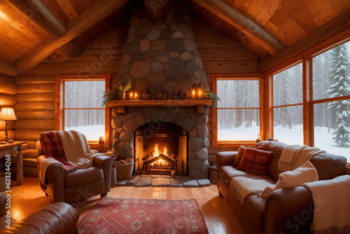 Fireside Bliss: Cozy Fireplace in Rustic Cabin, Intimate Visuals Portraying the Art of Relaxation and Comfort, Radiating Hygge and Inviting You to Embrace the Warmth of Homey Ambiance