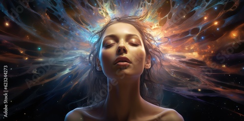 3d illustration of a beautiful woman with long hair. The girl is surrounded by a luminous swirling. generative ai