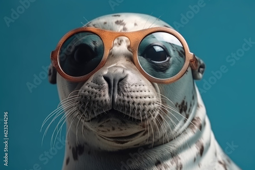 Cute funny seal wearing sunglasses on light blue background studio background © Kateryna