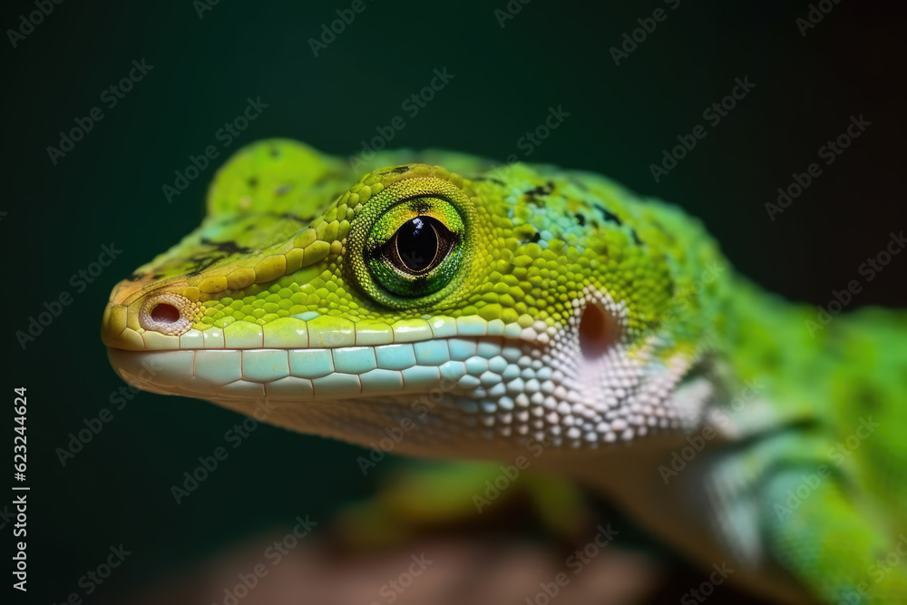 Fototapeta premium Gecko portrait close up with green background, gecko in wild