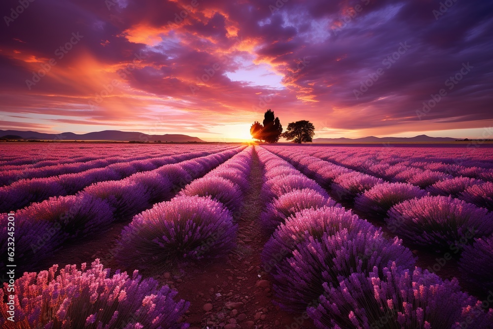 Fototapeta premium Stunning landscape with lavender field at sunset