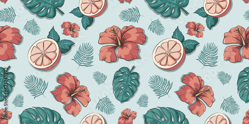 Tropical vector seamless pattern. Can be used for decoration of albums, blog, web sites, postcard, poster, wrapping paper. Elements of monstera and palm leaves,  grapefruit and hibiscus .
