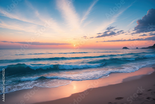 Captivating Sunset Serenity: Tranquil Beachscape Embracing Vibrant Colors, Skillfully Composed for a Mesmerizing HDR Visual Feast, Celebrating Nature's Serene Beauty