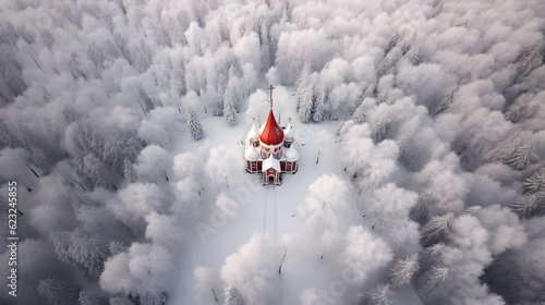 Wild forest and an old building in the style of Russian architecture. Remote travel destination concept. Drone view winter nature, white minimal background. Generative AI.