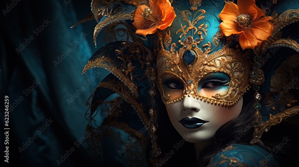 Exotic mask on the face, in the style of Venetian scenes, carnival, turquoise and amber. Generative AI