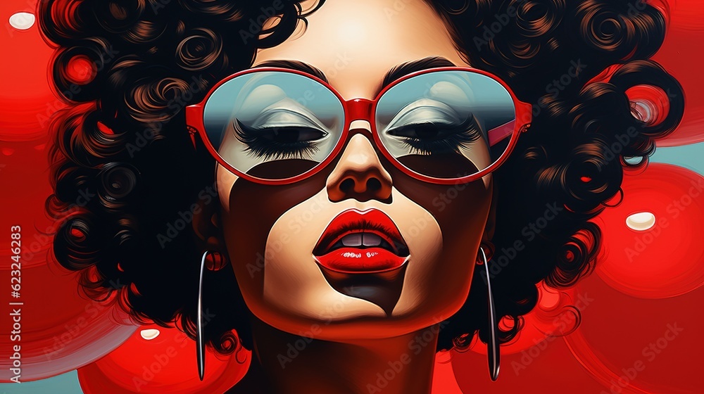Psychedelic art, girl with glasses, pop art style, retro glamor. Generative AI
