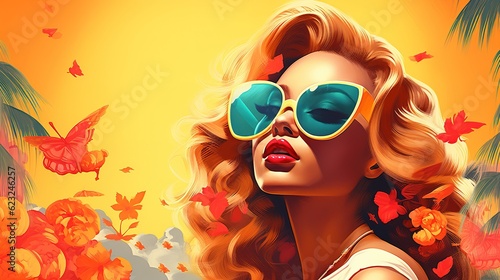 Psychedelic art, girl with glasses, pop art style, retro glamor. Generative AI