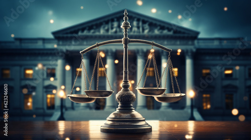 Escalas de equidade da justiça contra a bandeira de fundo do prédio do tribunal, conceito de proteção financeira de negócios por lei photo