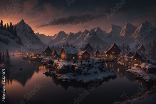 Nordic Twilight: Enchanted Viking Village Bathed in Illumination, as the Sun Sets (or Rises) on the Horizon