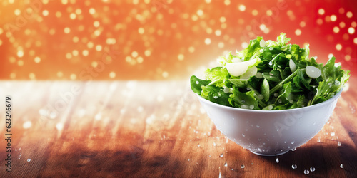 Vibrant Harvest: Fresh Salad in a White Bowl on a Wooden Table, Glistening with Waterdrops against an Orange Background
