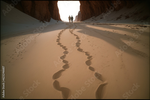 Journey into Light: A Couple's Path through Illuminated Gateway, Leaving Footsteps in the Sand