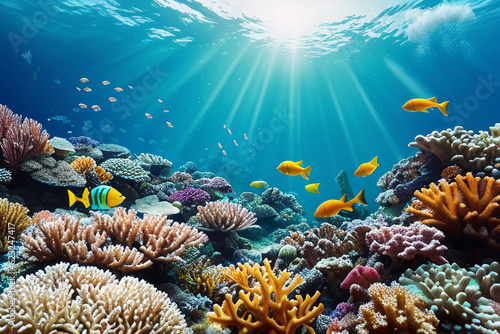 Underwater coral reef landscape with colorful fish. © Anna