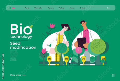 Bio Technology, Seed Modification -modern flat vector concept illustration of scientists analysing genetic modificated variants of a plant. Metaphor of direct impact of GMO on vegetation