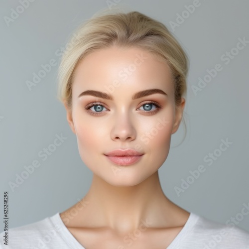 Portrait of beautiful blonde young woman with clean fresh skin  on grey background. Closeup beautiful face of a attractive adult girl with healthy skin.  Pretty young woman with blond shot hair