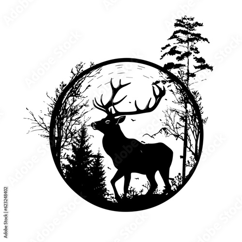 A black silhouette of a deer standing among the trees on the grass. Vector illustration of a forest with pine tree in circle.
