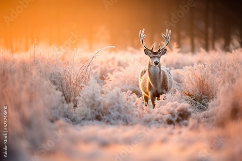 Wild deer in frosted forest at sunrise