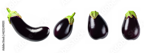 Eggplant in various angles isolated on white background.