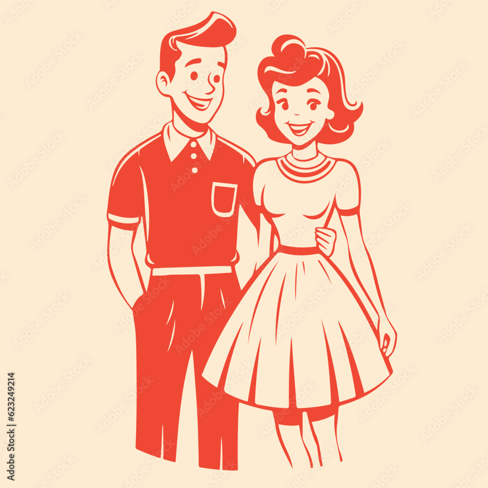 retro cartoon illustration of a happy couple