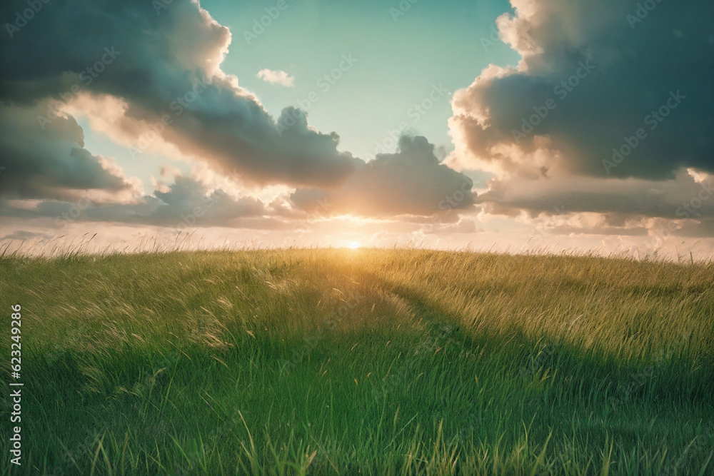 Beautiful field with a green grass and sky on horizon Beautiful field with a green grass and sky on horizon