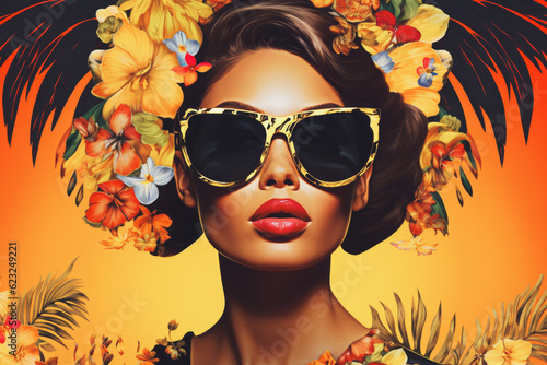 Beautiful girl with yelow sunglasses in the style of retro summer travel posters from the 80s. Vacation in a tropical paradise concept. Generative AI.