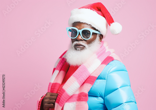 Creative Christmas concept with an African American dressed in Santa Claus costume with stylish sunglasses, sitting in the style of fashion icons against a pink background. Generative AI. © Popovo