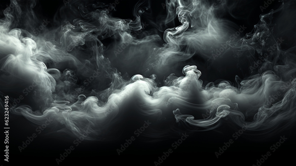 Cigarette smoke on black background, flowing waves, pollution, health danger, smoking Cigarette smoke on black background, flowing waves, pollution, health danger, smoking