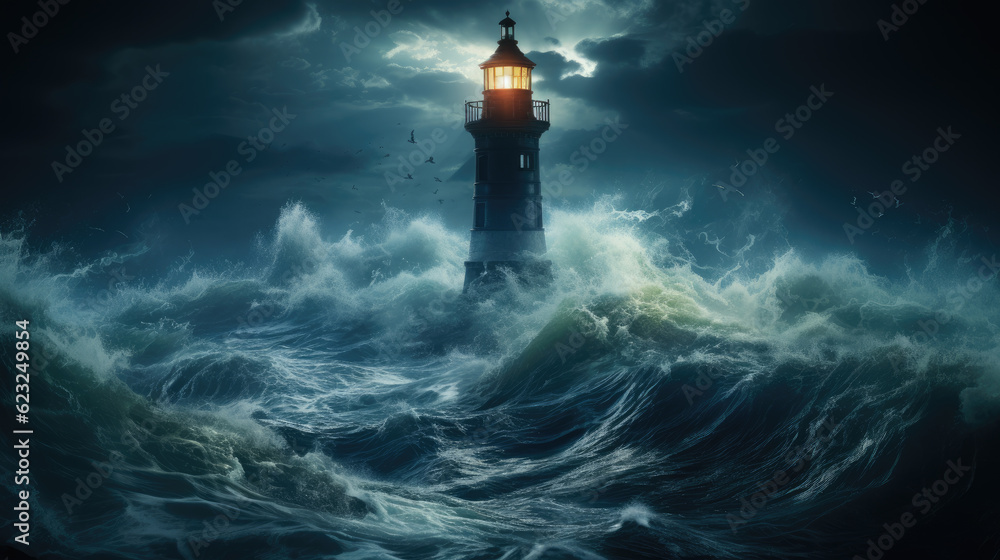lighthouse in the night and in the  sea. bad weather concept 