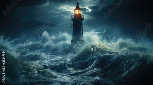 lighthouse in the night and in the sea. bad weather concept 