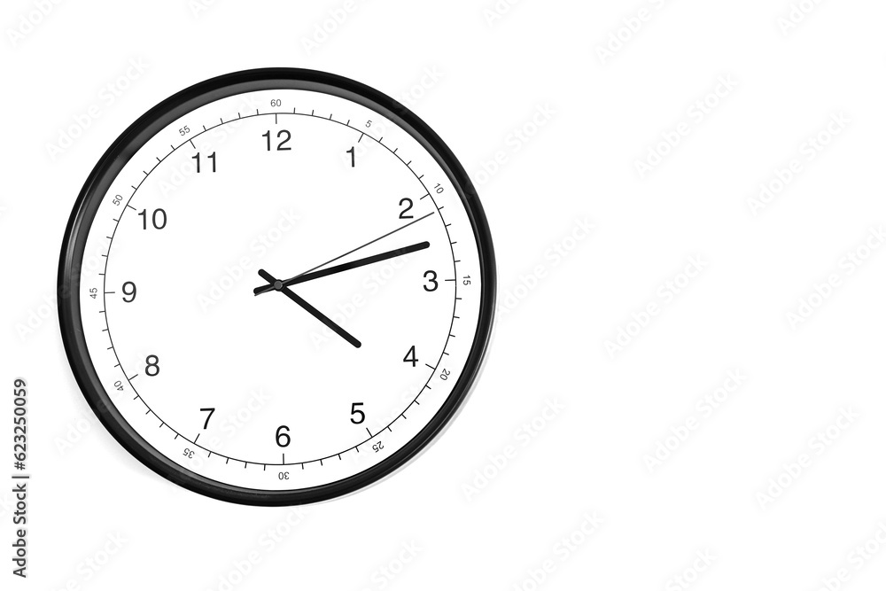 Part of analogue plain wall clock on white wall background. Four o'clock twelve minutes. Close up with copy space, timing, time management, opening hours time, school concept and lunch time. Part of analogue plain wall clock on white wall background. Four o'clock twelve minutes. Close up with copy space, timing, time management, opening hours time, school concept and lunch time.