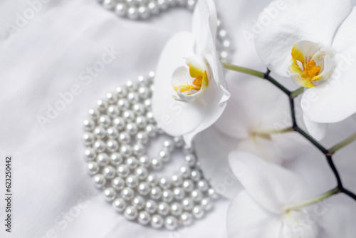 The branch of white orchids on white fabric background 