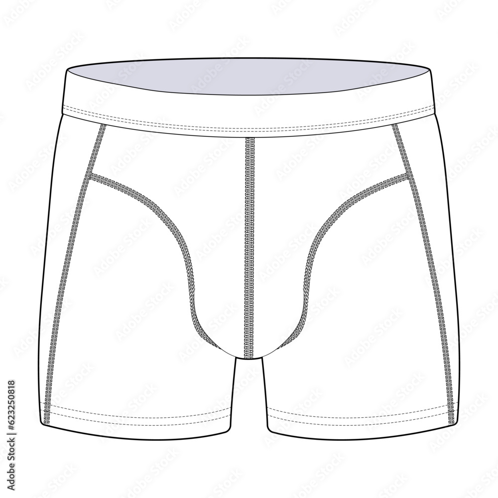 Boxer briefs front view fashion flat sketch for Tech Pack. Waistband, CAD drawing, black and white, vector graphics for garment production apparel brand, underwear for men Boxer briefs front view fashion flat sketch for Tech Pack. Waistband, CAD drawing, black and white, vector graphics for garment production apparel brand, underwear for men