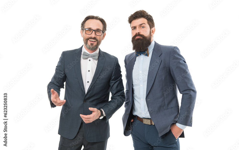 Inspired to work. Men bearded formal suit. Successful partnership. Achieve success. Men entrepreneurs white background. Business team. Business people concept. Business meeting. Cooperation in action