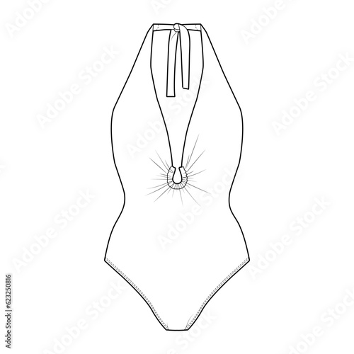 Front gathered-detail swimsuit front view fashion flat sketch for Tech Pack. Warm Jacket with pockets, CAD drawing, black and white, vector graphics for garment production apparel brand, for women